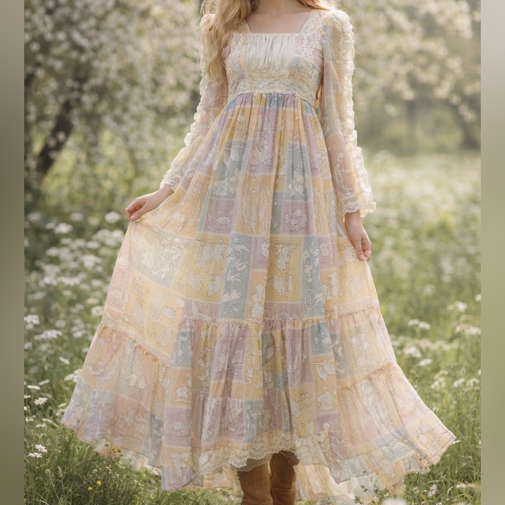 Shamash & Yofi Prairie Empire Waist Gunne Pastel 1970s Dress *Rare*